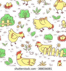 Seamless pattern with doodle cute chickens and eggs