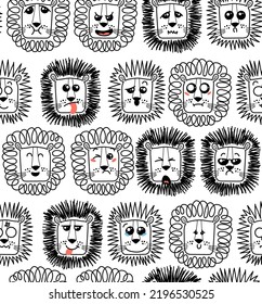 Seamless pattern with doodle cute Lion emoticons. Cute set of vector animals with emotions. Cartoon feline, lion for print, children and baby vector development
