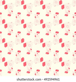 Seamless pattern with doodle cute rooster on light background. Vector hand drawn illustration for design
