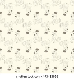 Seamless pattern with doodle cute rooster on light background. Vector hand drawn illustration for design