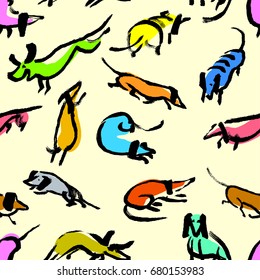Seamless pattern with doodle dachshund. Background with sketchy dogs. Vector illustration with artistic hand-drawn cute colorful dogs