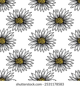 Seamless pattern doodle with daisy flowers, Spring and summer theme, festive seamlesss pattern for textile and fabric.