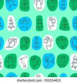 Seamless pattern with doodle dancing angels and pine trees and stars. Winter Christmas background with mythology religion characters. Line art design cartoon personages. Minimalistic  version