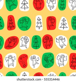 Seamless pattern with doodle dancing angels and pine trees and stars. Winter Christmas background with mythology religion characters. Line art design cartoon personages. Minimalistic version