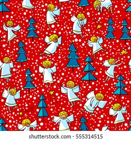 Seamless pattern with doodle dancing angels and pine trees and stars. Winter Christmas background with mythology religion characters. Line art design cartoon personages. 