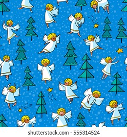 Seamless pattern with doodle dancing angels and pine trees and stars. Winter Christmas background with mythology religion characters. Line art design cartoon personages. 