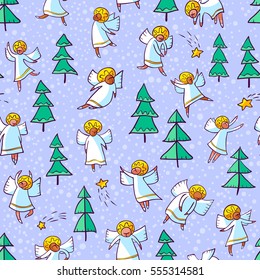 Seamless pattern with doodle dancing angels and pine trees and stars. Winter Christmas background with mythology religion characters. Line art design cartoon personages. 