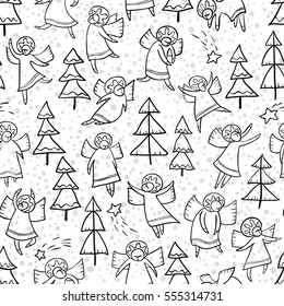 Seamless pattern with doodle dancing angels and pine trees and stars. Winter Christmas background with mythology religion character. Line art design cartoon personages. Minimalistic monochrome version