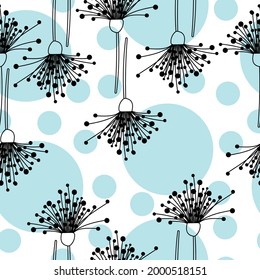 Seamless pattern of doodle dandelions and blue circles, fantasy flowers on a white background for design