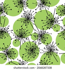 Seamless pattern of doodle dandelions and green circles, fantasy flowers on a white background vector illustration