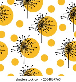 Seamless pattern of doodle dandelions and orange circles, fantasy flowers on a white background vector illustration