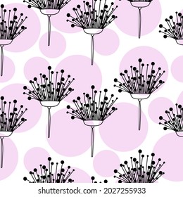 Seamless pattern of doodle dandelions and pink circles, fantasy flowers on a white background vector illustration