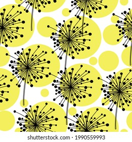 Patrón sin fisuras de dientes y círculos amarillos, flores de fantasía sobre una ilustración vectorial de fondo blanco