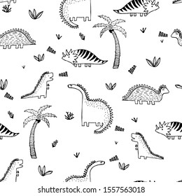 Seamless pattern doodle dino black and white. Funny print for fabric and paper.
