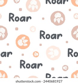 Seamless pattern with doodle dinosaur footprints and roar. Pastel dinos paws on white background. Vector illustration. For fabric, textile, wallpaper, wrapping paper