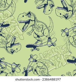 Seamless pattern of a doodle dinosaur riding a skateboard and graffiti typography background elements