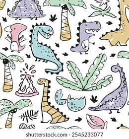 Patrón sin fisuras con dinosaurios doodle, huevos agrietados y plantas tropicales, coloreadas con trazos marcadores. Contorno negro y relleno colorido sobre un fondo blanco. Grande para la ropa de los niños, decoración juguetona.