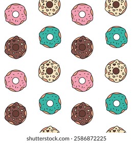 Seamless pattern doodle donuts. Vector doughnut patterns endless. Color Seamless pattern for wallpaper, fabric, packaging, background