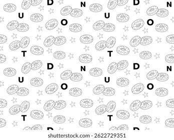 Seamless pattern doodle donuts with white background and text "DONUT" for wallpaper, paper wrap, fabric, clothes, handkerchief, bandana, and scarf