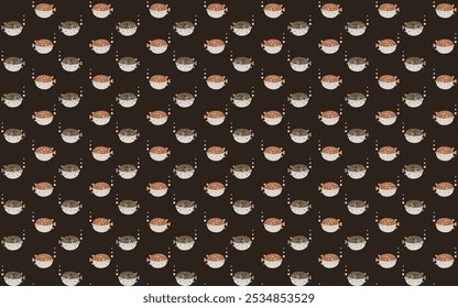 Seamless pattern with doodle drawing of puffer fish and air bubble in orange brown and light on dark brown.Vector illustration. For child masculine shirt lady dress textile wallpaper cover decoration 