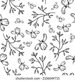 Seamless pattern Doodle drawing twigs with plant. Leaves and flowers for backdrop, wallpaper, wrap. Minimalist vector illustration isolated on white background. Random sketch by hand in black ink.