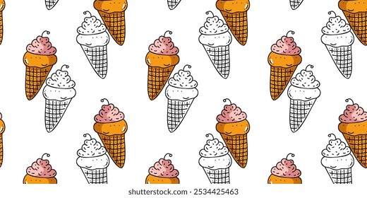 Seamless pattern with doodle drawings of colorful ice cream cones, vector illustration in a playful cartoon style, perfect for children's projects and packaging