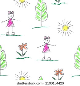 Seamless pattern from doodle drawings drawn by child's hand in chalk on the asphalt or on a school blackboard - Sun, little girl, tree, flower. Multicolor simple risk mark on white background