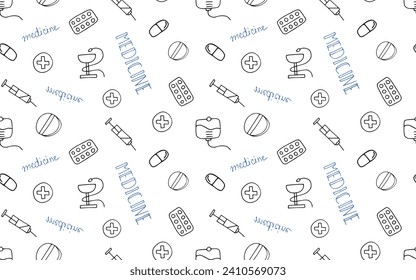 patrón impecable. dibujos de doodle. equipo médico. artículos de primeros auxilios. Doodle. sin costura. patrón. dibujar. sobre un fondo blanco. bonito fondo. vector.