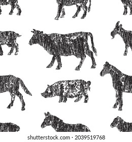 Nahtlose Muster der Doodle-Zeichnungen von Profilsilhouettes verschiedener Nutztiere