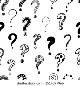 Seamless pattern of doodle drawings of question marks. Problem or trouble symbols. Hand drawn vector illustration.  