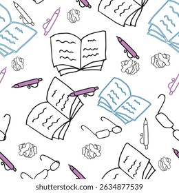 seamless pattern with doodle drawings of school supplies books, pens, glasses, and crumpled sheets of paper. Objects are made in black, blue, and pink colors on a white background.