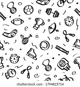 Seamless PAttern Doodle Drawn Collection Sport Hockey Dumbbell Cup Bicycle Medal Sketch Vector Design Style Background Healthy Lifestyle Fitness Illustration Icons