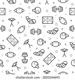 Seamless PAttern Doodle Drawn Collection Sport Hockey Ball Dumbbell Athlete Ping Pong Sketch Vector Design Style Background Healthy Lifestyle Fitness Illustration Icons