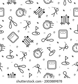 Seamless PAttern Doodle Drawn Collection Sport Stoppen Golf Ski Scales Skifahren Skizze Sketch Vektordesign Hintergrund Gesunder Lifestyle Fitness Illustration Symbole