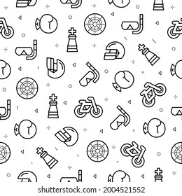 Seamless PAttern Doodle Drawn Collection Sport Chess Figure Bicycle Helm Swimming Mask Boxing Glove Sketch Vector Design Style Background Healthy Lifestyle Fitness Illustration Icons