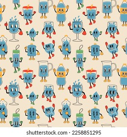 Seamless Pattern with Doodle drink more water. Cute funny hand drawn water mascots in mug, glass and bottle, healthy rituals drink more water vector illustration set.