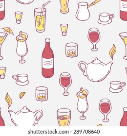 Seamless pattern with doodle drinks in vector. Hand drawn background with beverages for design. Vector illustration