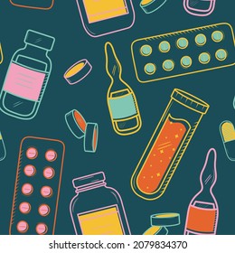 Seamless pattern with doodle drugstore medicaments. Pills blister, capsule, vitamins, antidepressants, painkillers, antibiotic in line style. Chemical treatment drugs colorful background