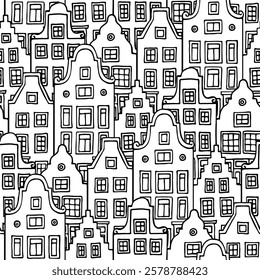 Seamless pattern of doodle Dutch canal houses