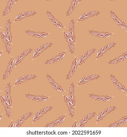Seamless pattern with doodle ear of wheat ornament. Beige background. Random botany print. Simple style. Perfect for fabric design, textile print, wrapping, cover. Vector illustration.