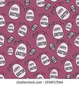 Seamless pattern of doodle easter eggs sketch with text "Happy Easter" on pink background. Greeting cards and invitations to the Easter.