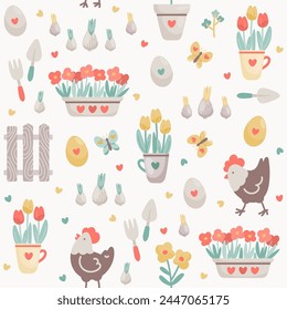 Seamless pattern with doodle Easter eggs, chickens, flowers, fence. Farm ornament. Cute animal. Easter pattern. Vector illustration 