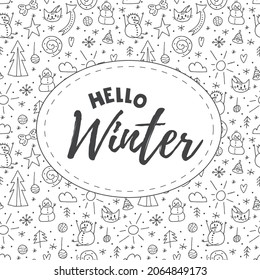 Seamless pattern of doodle elements. Lettering Hello Winter 2022. Hand-drawn winter objects.