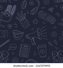 Seamless pattern with doodle elements for online show, podcast, radio. Outline hand drawn microphone, headphone, female mouth, potted flower. Black and white illustration on a dark blue background.
