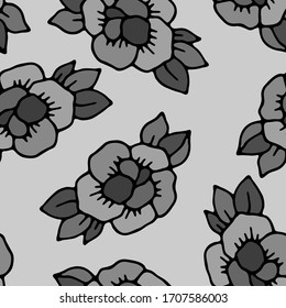 seamless pattern with doodle elements, stylized roses in monochrome colors, wallpaper and fabric ornament, wrapping paper