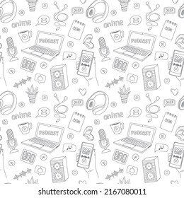 Seamless pattern with doodle elements symbolizing podcast, radio, online show. Outline hand drawn microphones, headphones, speakers, laptop. Black and white illustration on a white background.