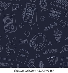 Seamless pattern with doodle elements symbolizing podcast, radio, online show. Outline hand drawn microphones, headphones, speakers, laptop. Black and white illustration on a dark blue background.