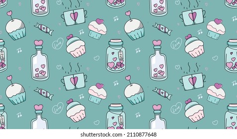 seamless pattern doodle elements for valentine's day. cake, heart, declarations of love, the red thread of fate, love, postcards, candles, hugs. for decoration.
