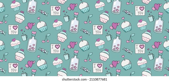 seamless pattern doodle elements for valentine's day. Letters, heart, declarations of love, the red thread of fate, glasses, cake, love, candles, i love you, photographs, a calendar. for decoration.