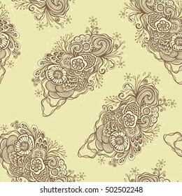 Seamless pattern with  Doodle elements in vintage handmade style in beige for wallpaper or for package or for decoration clothes or T-shirt or furniture or for advertising cosmetic perfume